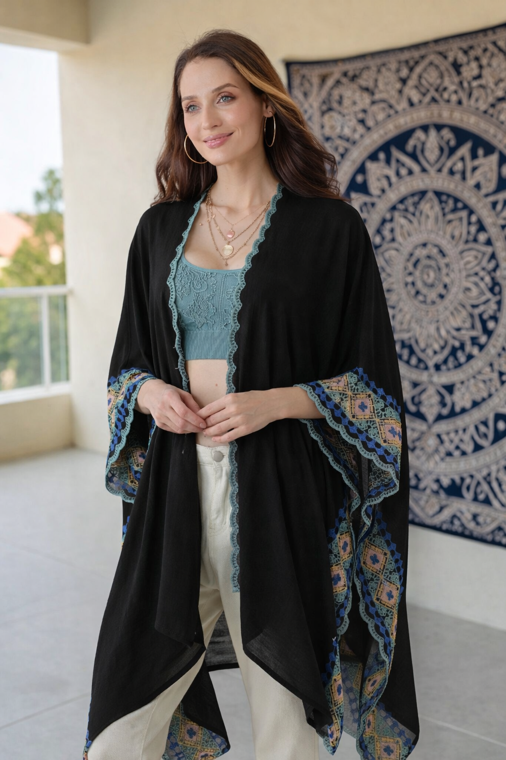 Gypsy Soul: Bohemian Embroidered Trim Kimono - NeoKira Unlimited