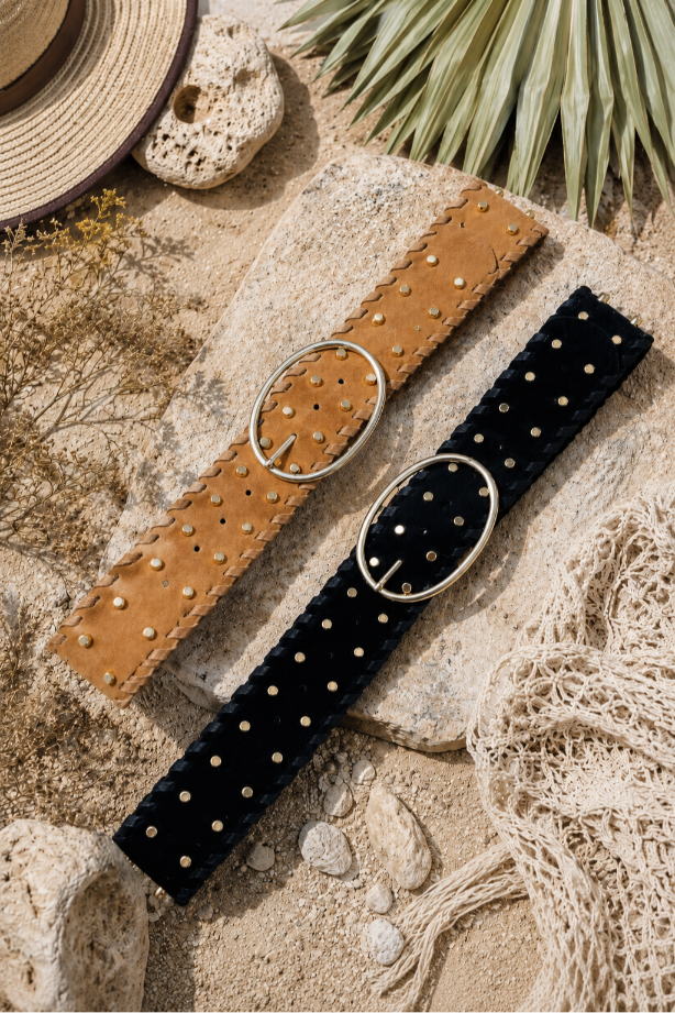 Desert Gold: Gold Studded Faux Suede Wide Belt - NeoKira Unlimited