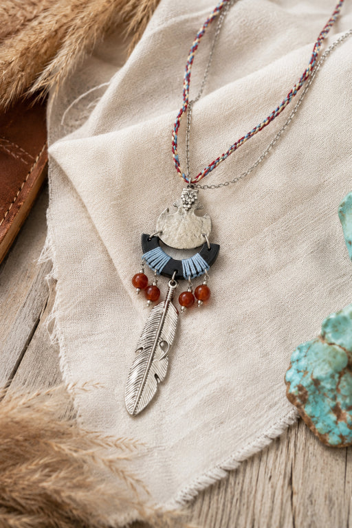 Vintage Tribal Thread & Silver Feather Necklace - NeoKira Unlimited