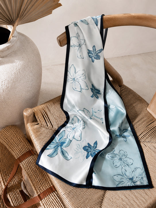 Coastal Bloom: Aqua Floral Printed Satin Silky Reversible Scarf - NeoKira Unlimited