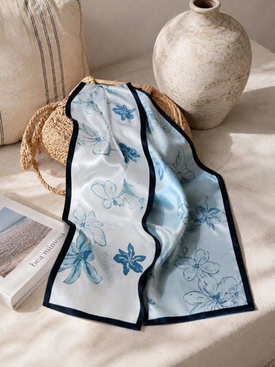 Coastal Bloom: Aqua Floral Printed Satin Silky Reversible Scarf - NeoKira Unlimited