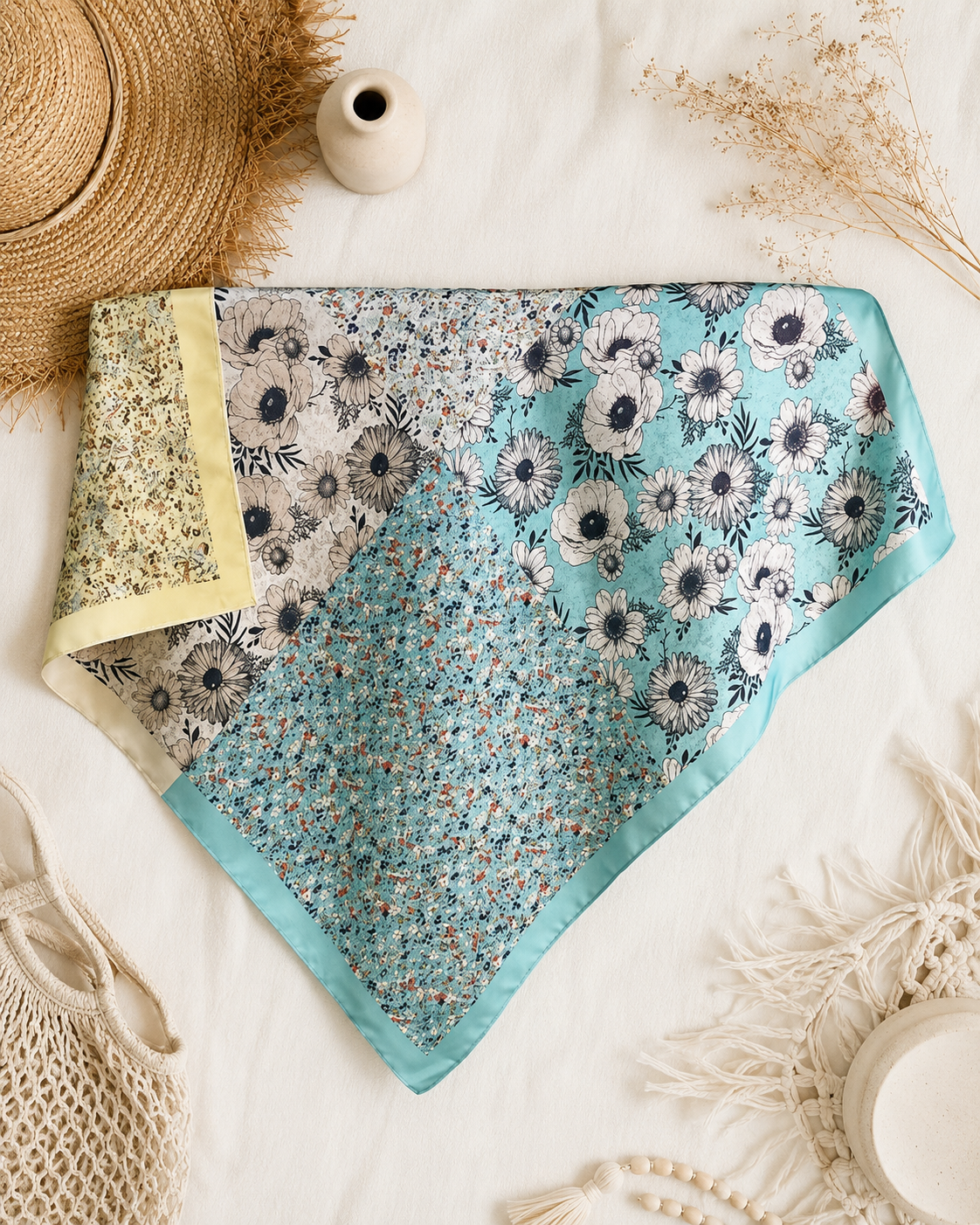 Dual-Tone Gingham Floral Bandana – Reversible Silky Square Scarf - NeoKira Unlimited