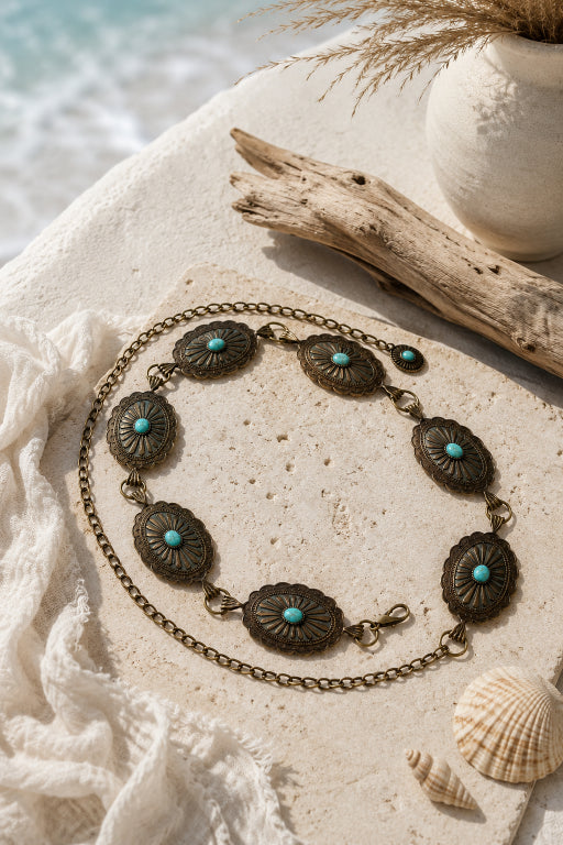 Turquoise Western Belt – Vintage Chain & Cowboy Glam - NeoKira Unlimited