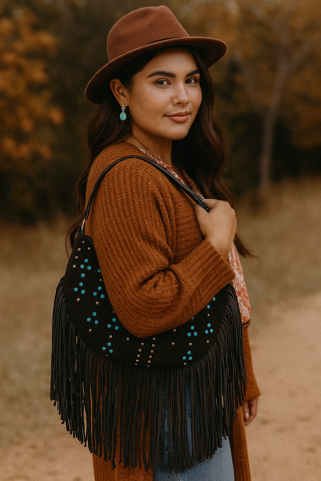 Boho Luxe Studded Multi Fringe Hobo Shoulder Bag - NeoKira Unlimited