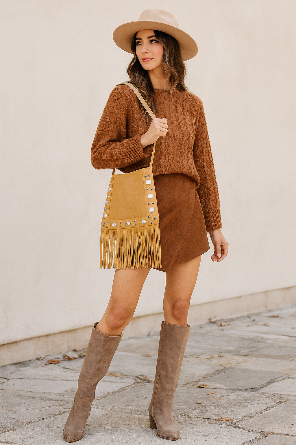 Boho Chic Faux Suede Grommet Accent Fringe Tote Bag - NeoKira Unlimited