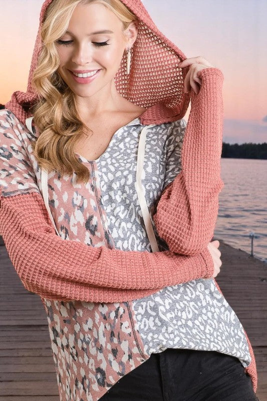 BiBi Popcorn Waffle Knit Hoodie with Print Block Front - NeoKira Unlimited