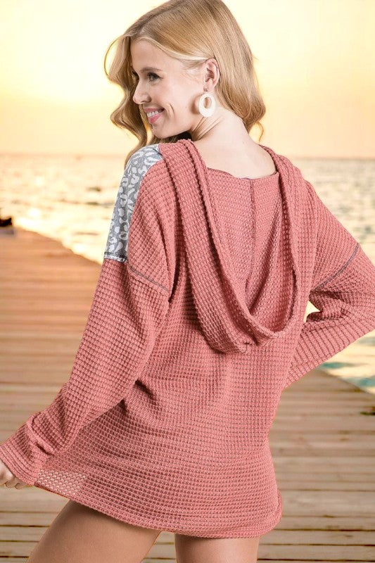 BiBi Popcorn Waffle Knit Hoodie with Print Block Front - NeoKira Unlimited