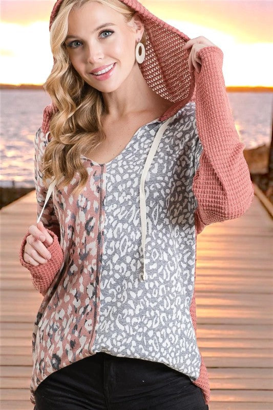 BiBi Popcorn Waffle Knit Hoodie with Print Block Front - NeoKira Unlimited