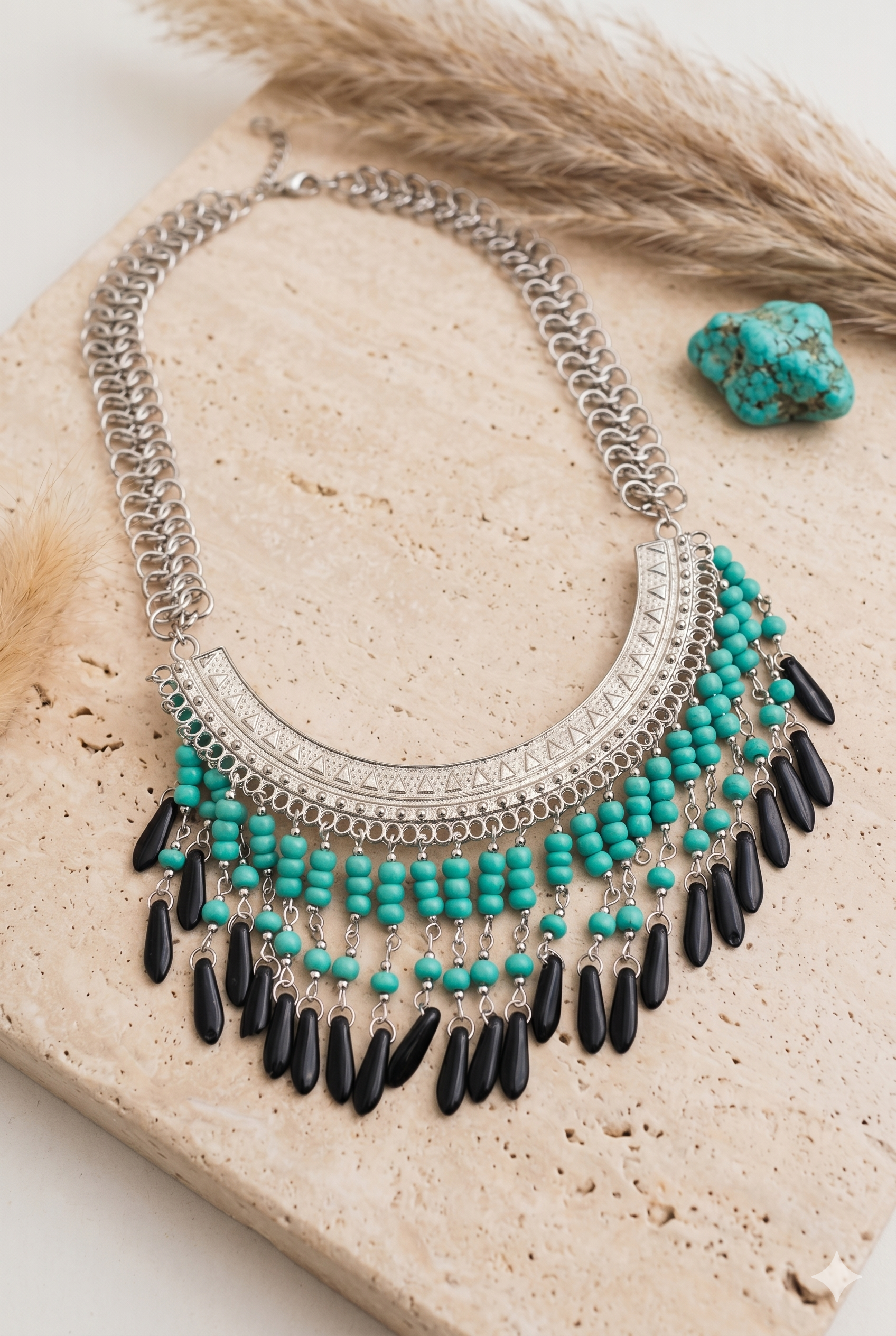 Bohemian Fringe Beaded Bib Necklace Vibrant Turquoise Color - NeoKira Unlimited