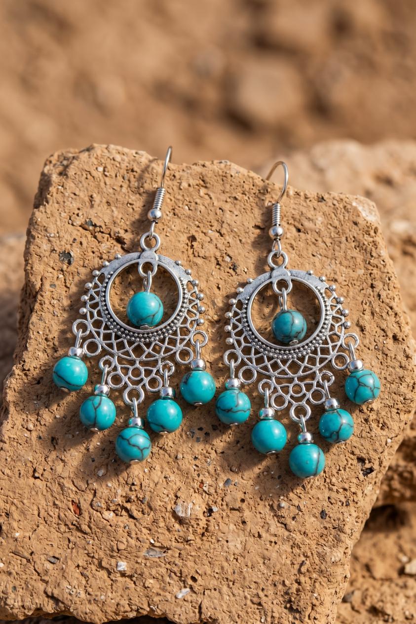 Women Boho Vintage Turquoise Beaded Tassel Drop Hook Earrings - NeoKira Unlimited