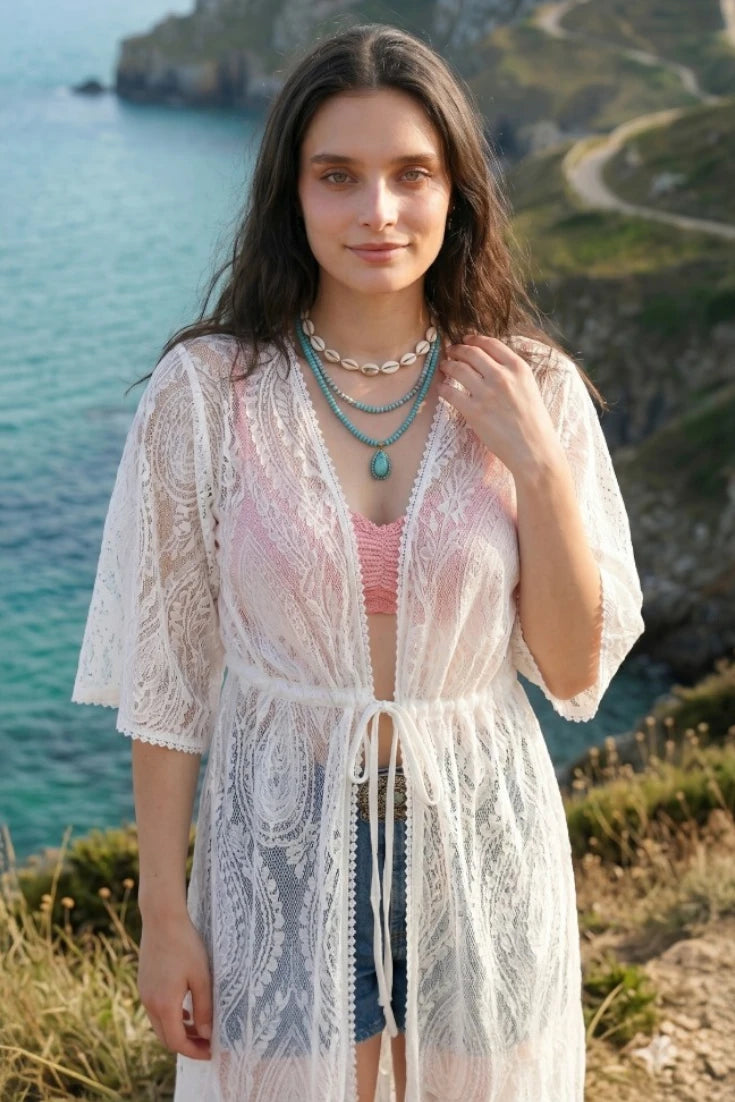 Coastal Spirit: Paisley Mesh Lace Kimono Duster - NeoKira Unlimited