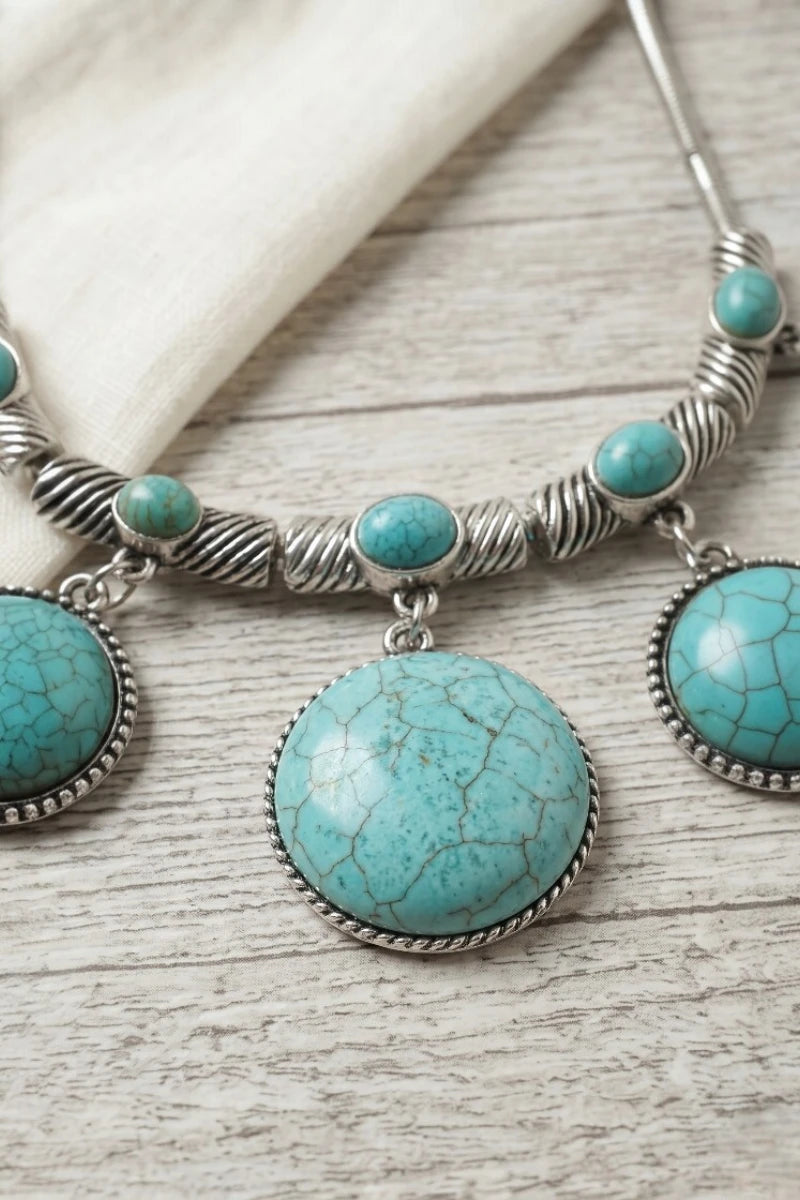 Turquoise Round Charms Silver Plated Link Necklace - NeoKira Unlimited
