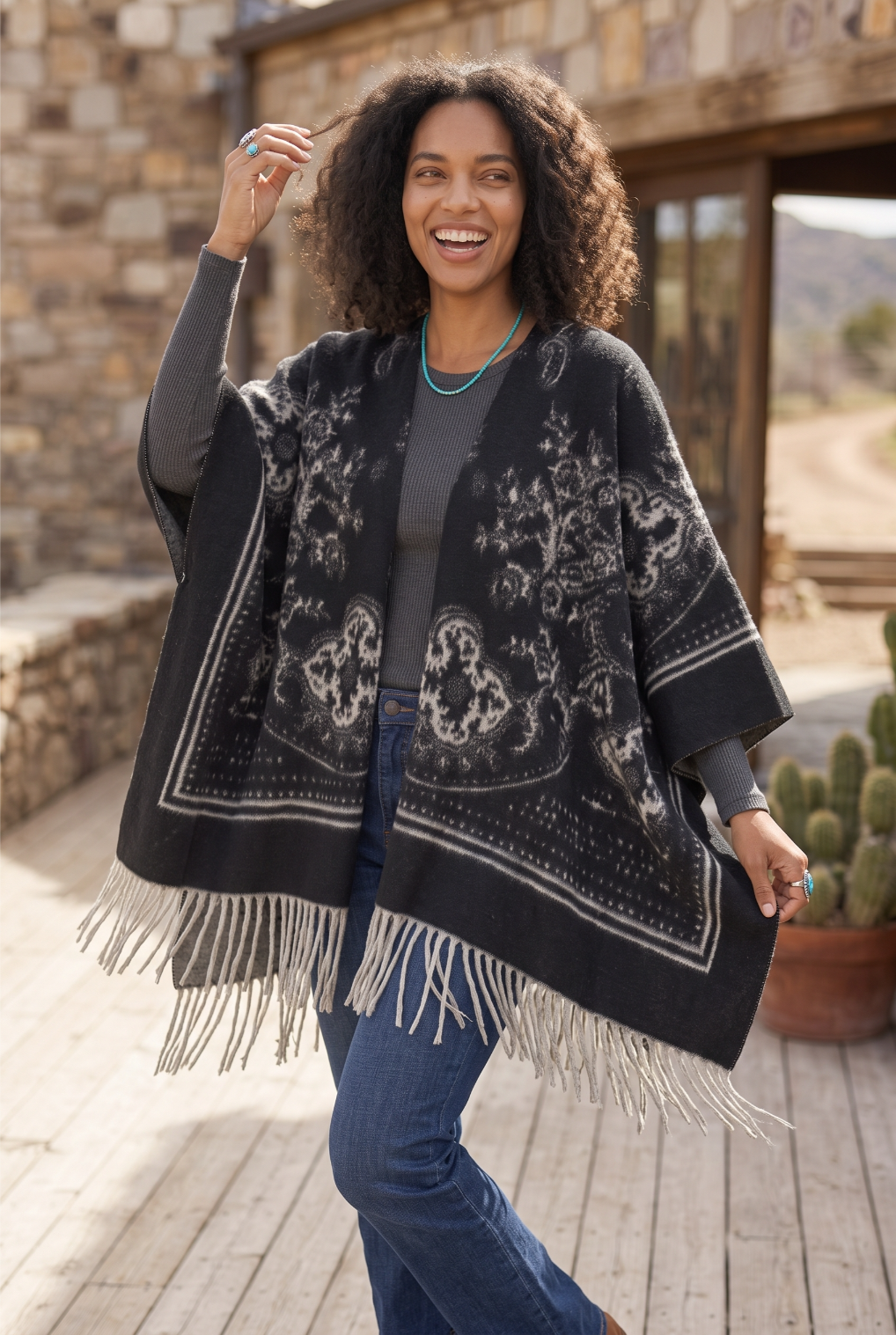 Women Paisley Floral Tassel Poncho Reversible Winter Shawl Wrap - NeoKira Unlimited