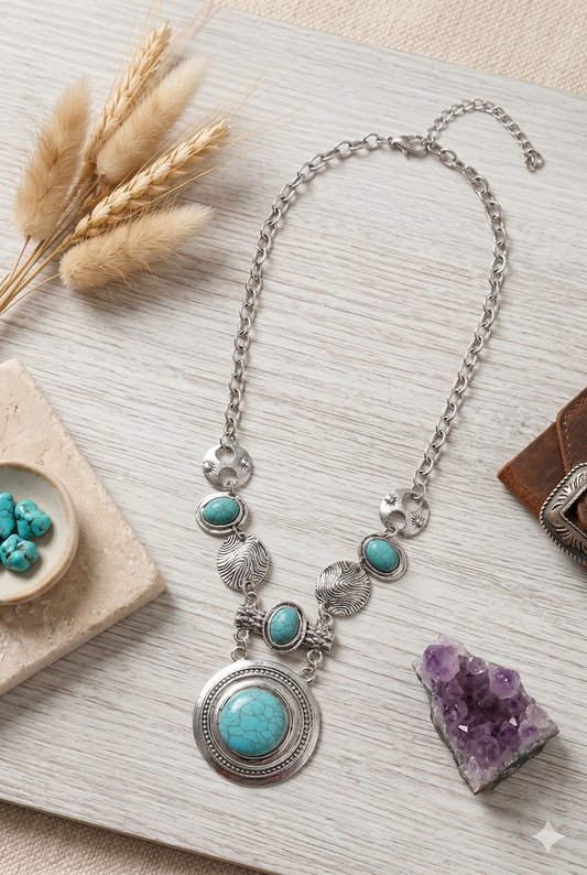Turquoise & Silver Stepping Stone Coastal Cowgirl Necklace