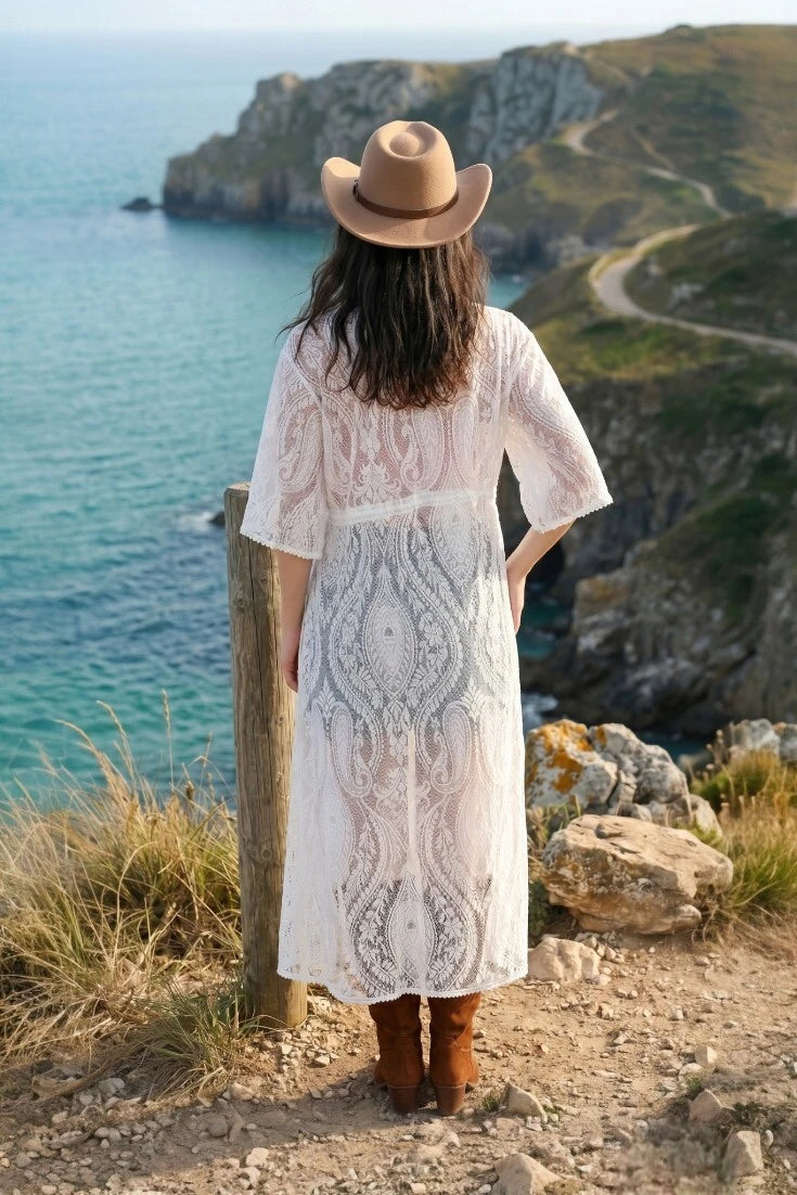 Coastal Spirit: Paisley Mesh Lace Kimono Duster - NeoKira Unlimited