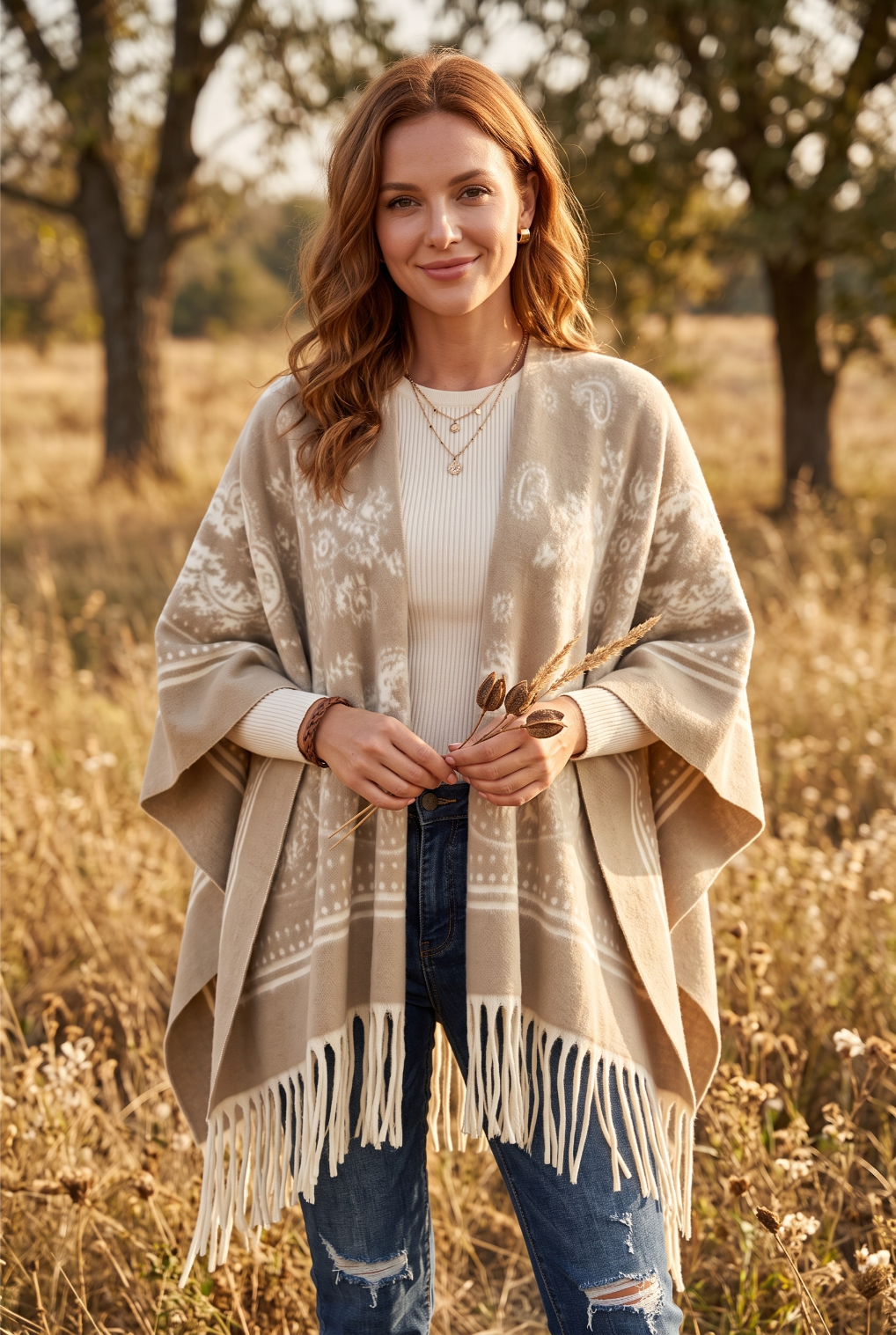 Women Paisley Floral Tassel Poncho Reversible Winter Shawl Wrap - NeoKira Unlimited
