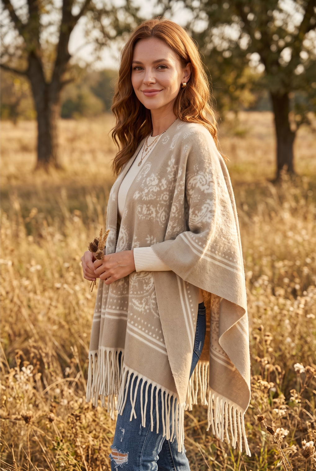Women Paisley Floral Tassel Poncho Reversible Winter Shawl Wrap - NeoKira Unlimited