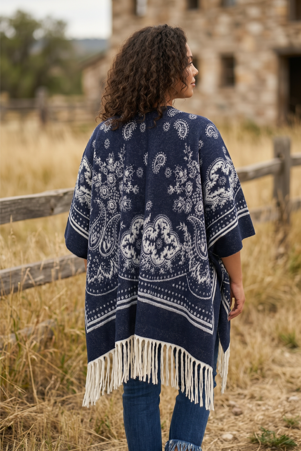 Women Paisley Floral Tassel Poncho Reversible Winter Shawl Wrap - NeoKira Unlimited