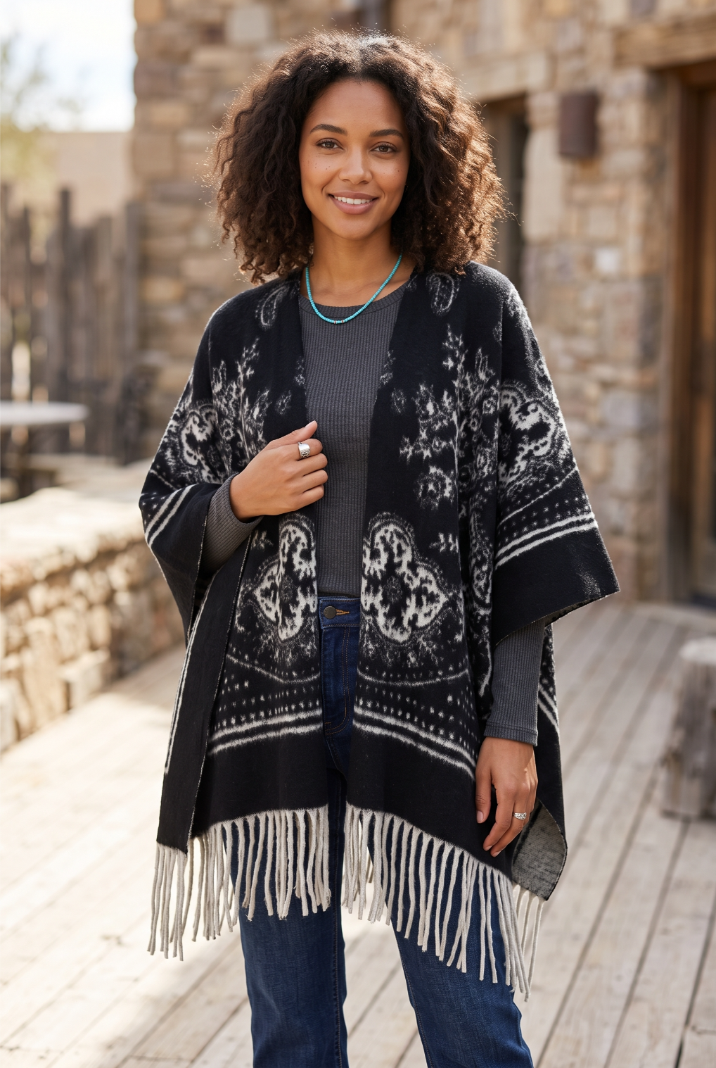 Women Paisley Floral Tassel Poncho Reversible Winter Shawl Wrap - NeoKira Unlimited
