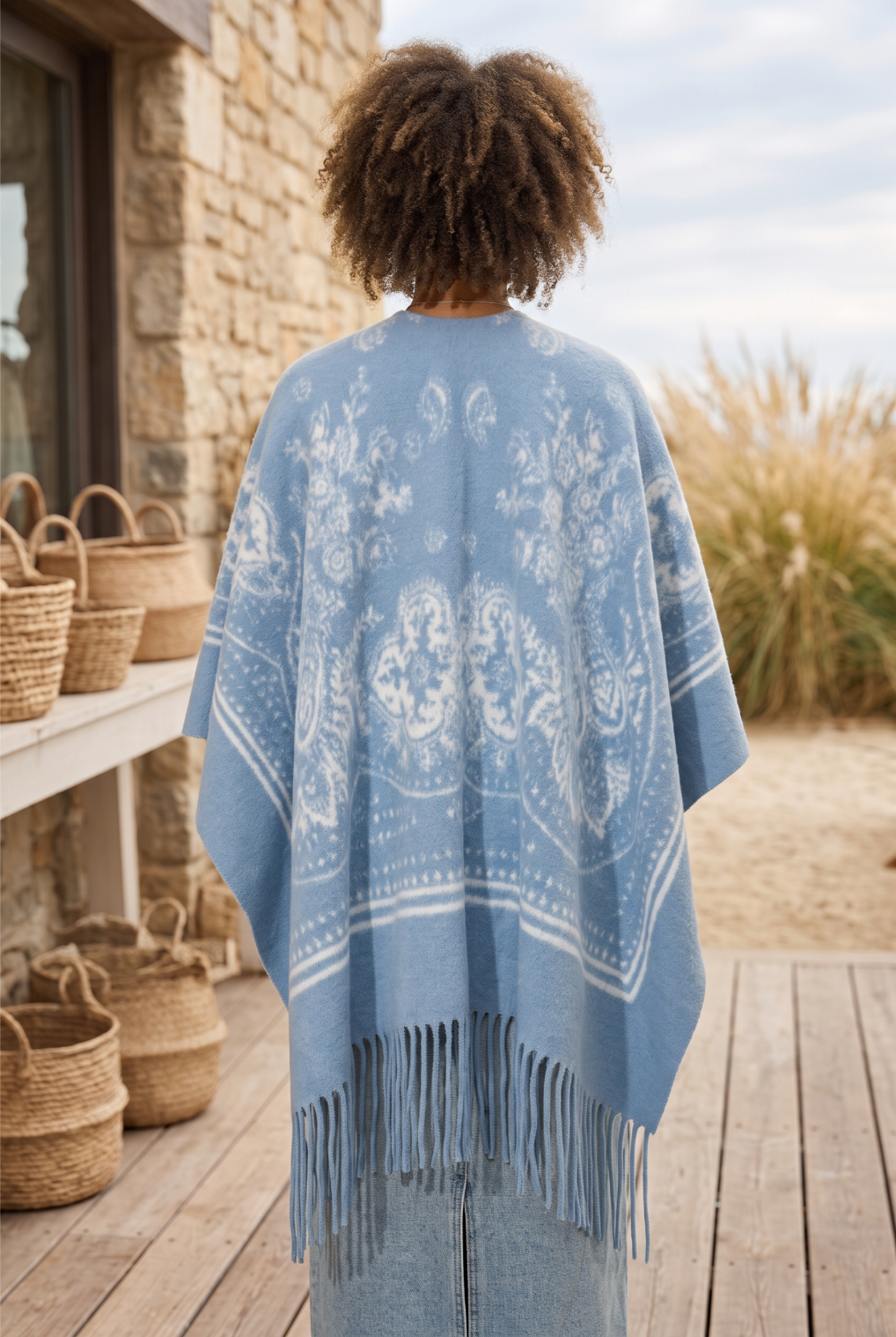 Women Paisley Floral Tassel Poncho Reversible Winter Shawl Wrap - NeoKira Unlimited