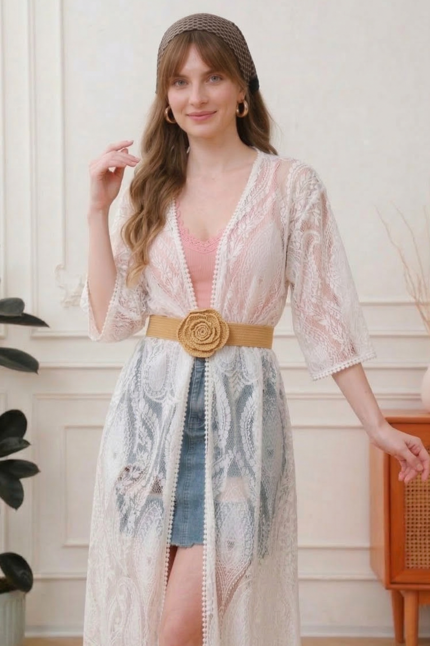 Raffia Elastic Belt with Floral Buckle - NeoKira Unlimited