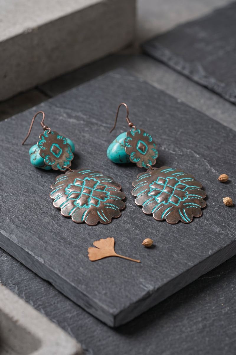 Turquoise Flower Drop Earrings Boho Western Style - NeoKira Unlimited