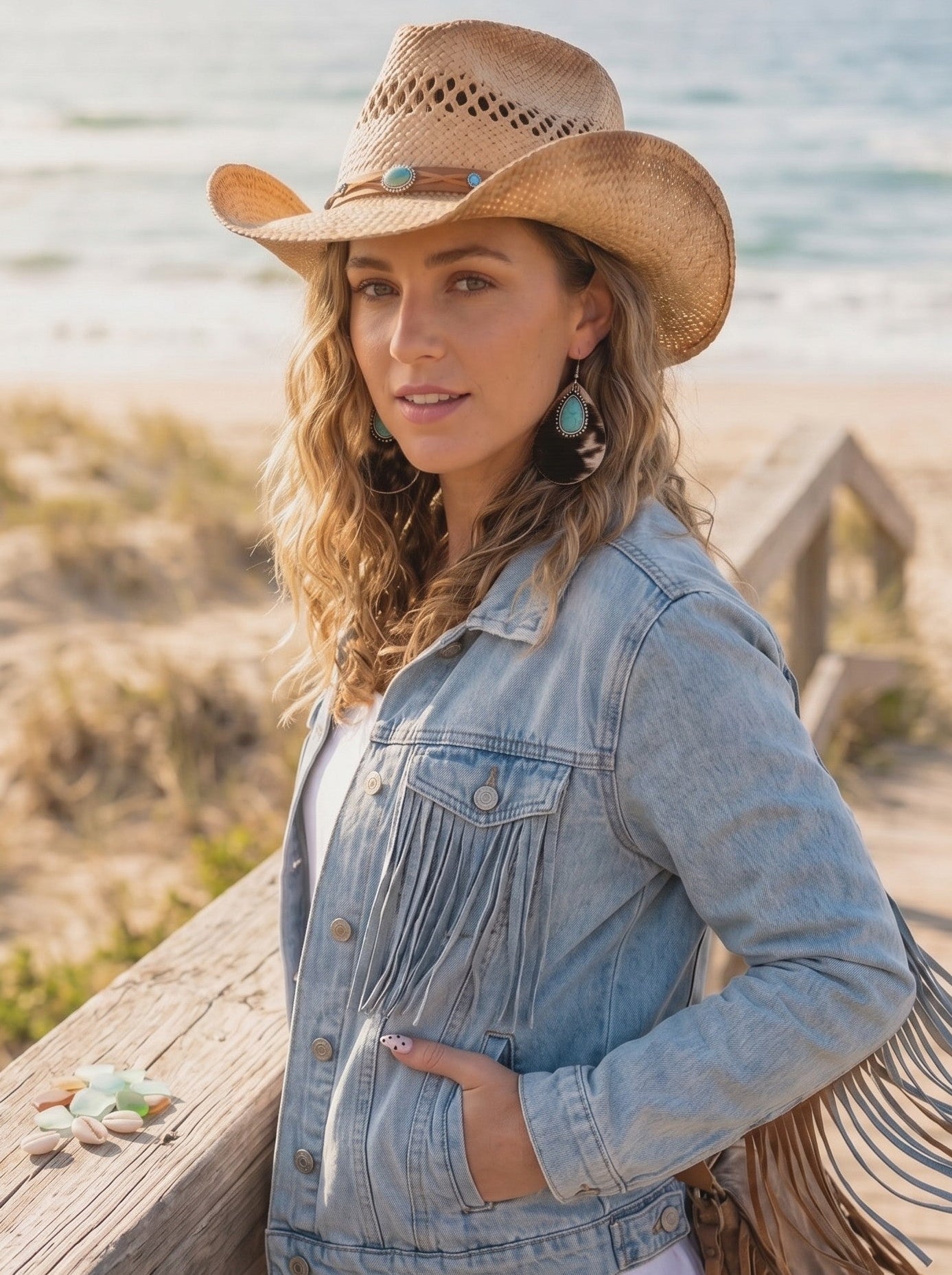 Woman wearing a denim jacket with fringe and a straw hat on a beach.
