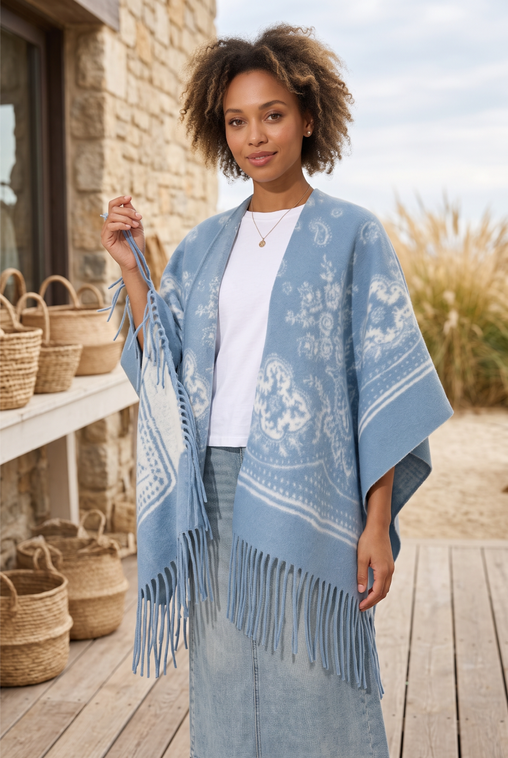 Women Paisley Floral Tassel Poncho Reversible Winter Shawl Wrap - NeoKira Unlimited