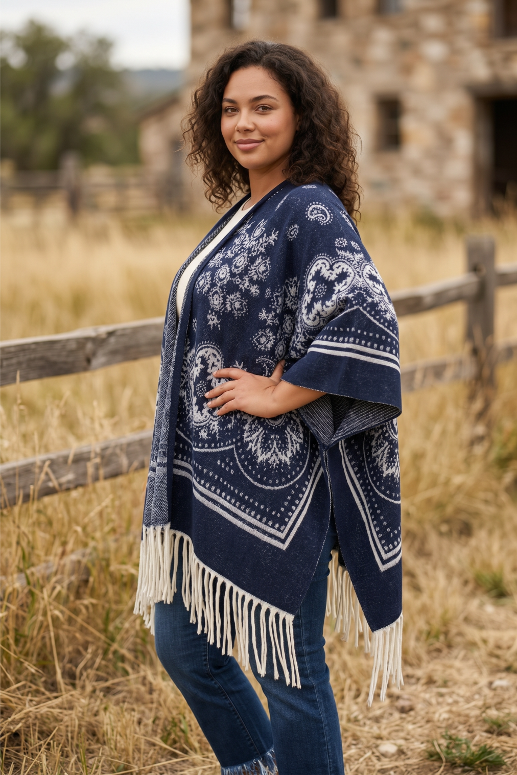 Women Paisley Floral Tassel Poncho Reversible Winter Shawl Wrap - NeoKira Unlimited