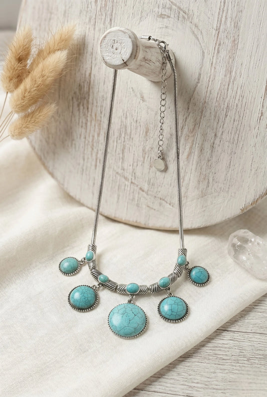 Turquoise Round Charms Silver Plated Link Necklace