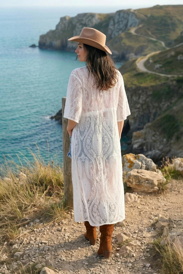 Coastal Spirit: Paisley Mesh Lace Kimono Duster - NeoKira Unlimited