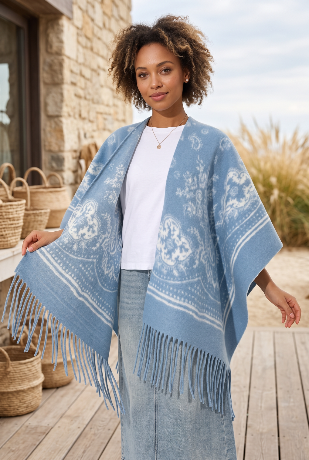 Women Paisley Floral Tassel Poncho Reversible Winter Shawl Wrap - NeoKira Unlimited