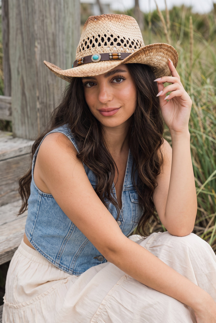 Turquoise Crown Burnt Ombre Western Cowgirl Rancher Hat - NeoKira Unlimited
