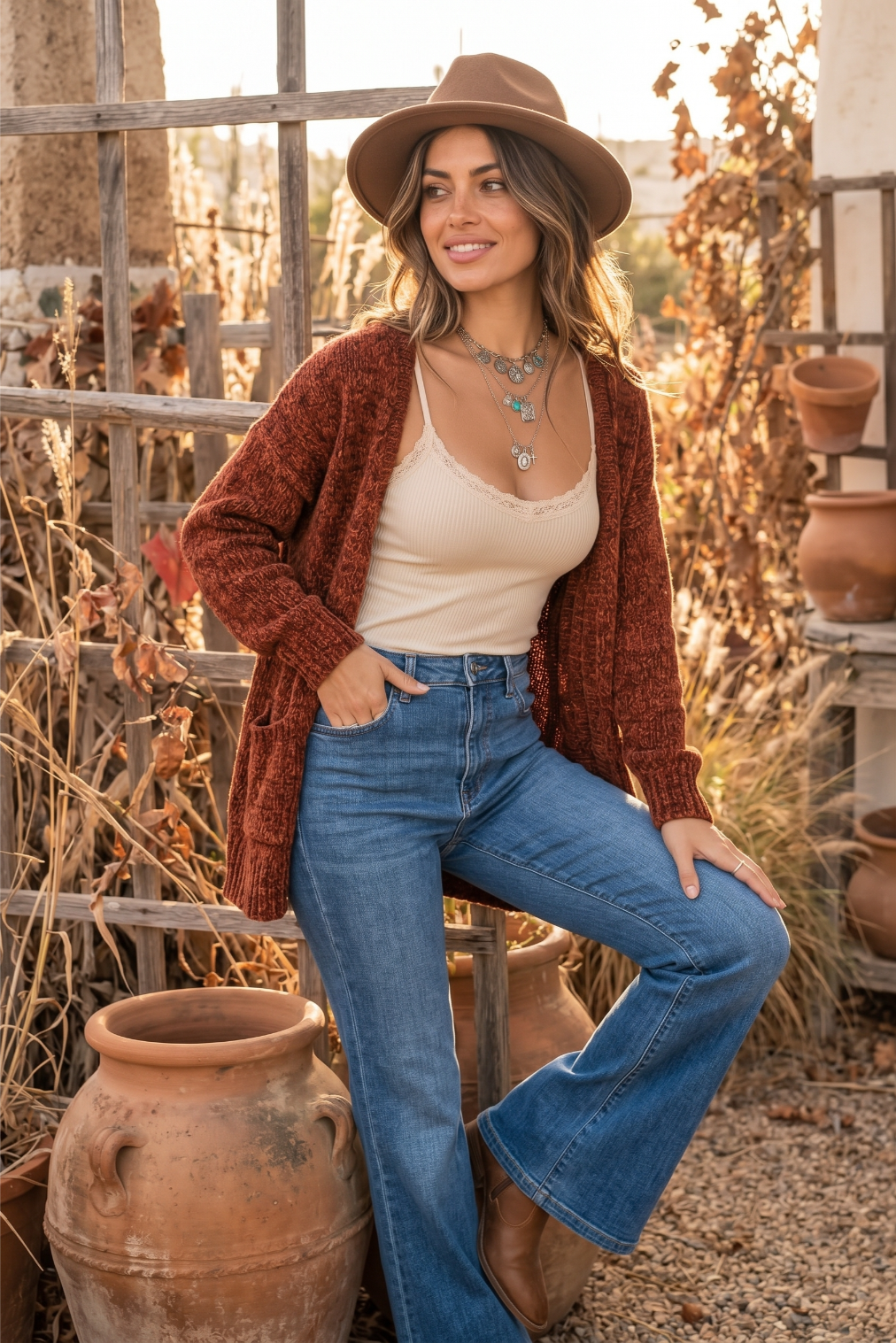 Western boho outfit with layered turquoise charm necklaces, cardigan and flare jeans