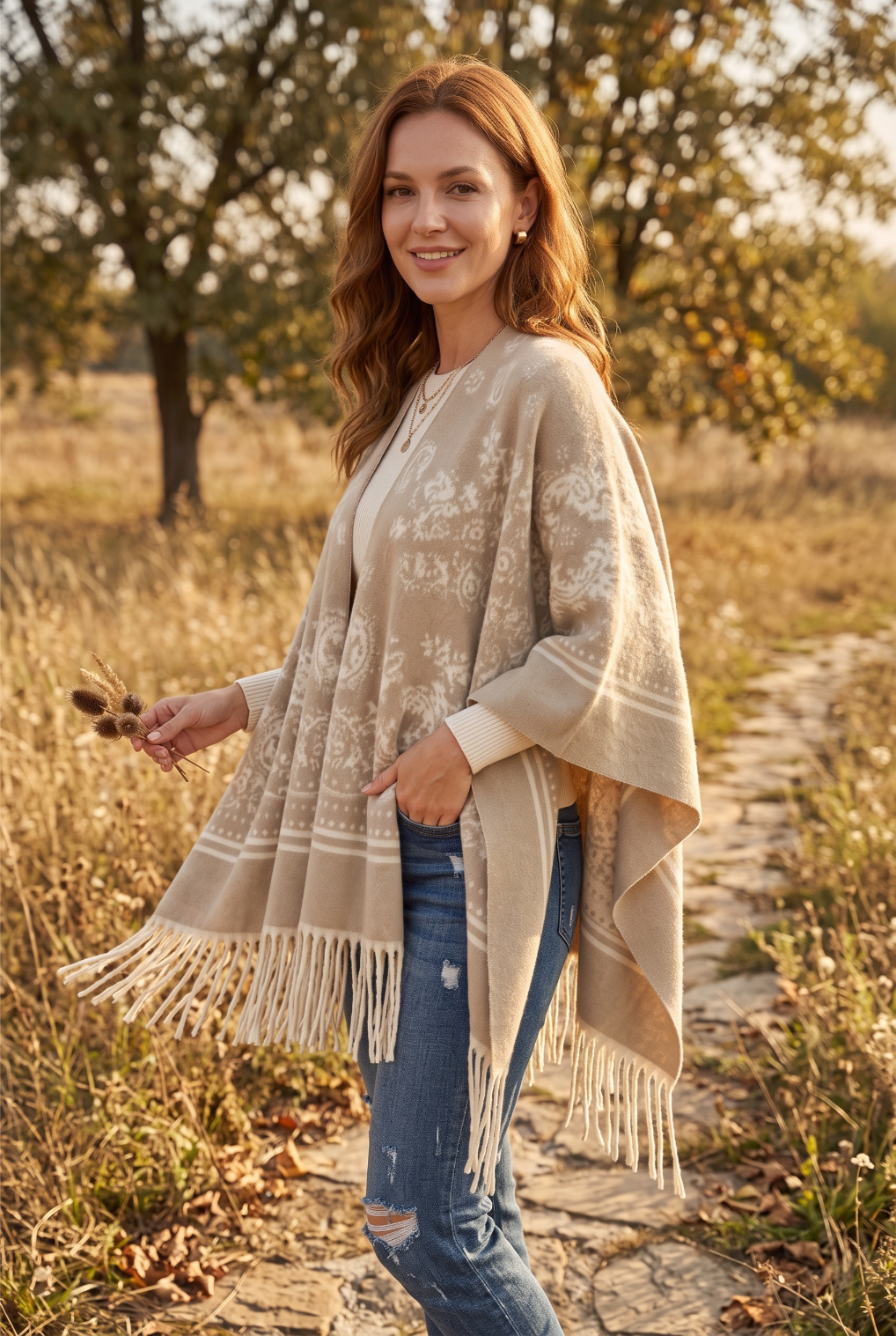 Women Paisley Floral Tassel Poncho Reversible Winter Shawl Wrap - NeoKira Unlimited