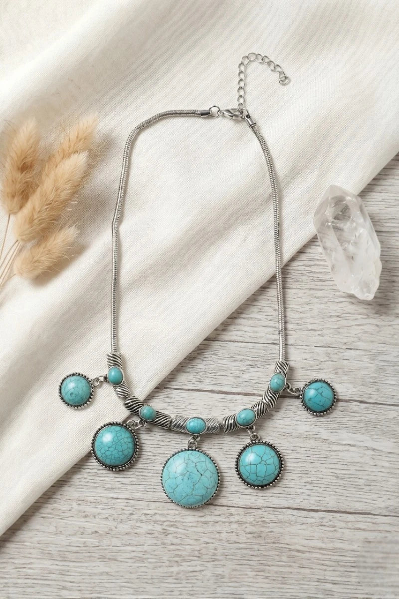 Turquoise Round Charms Silver Plated Link Necklace - NeoKira Unlimited