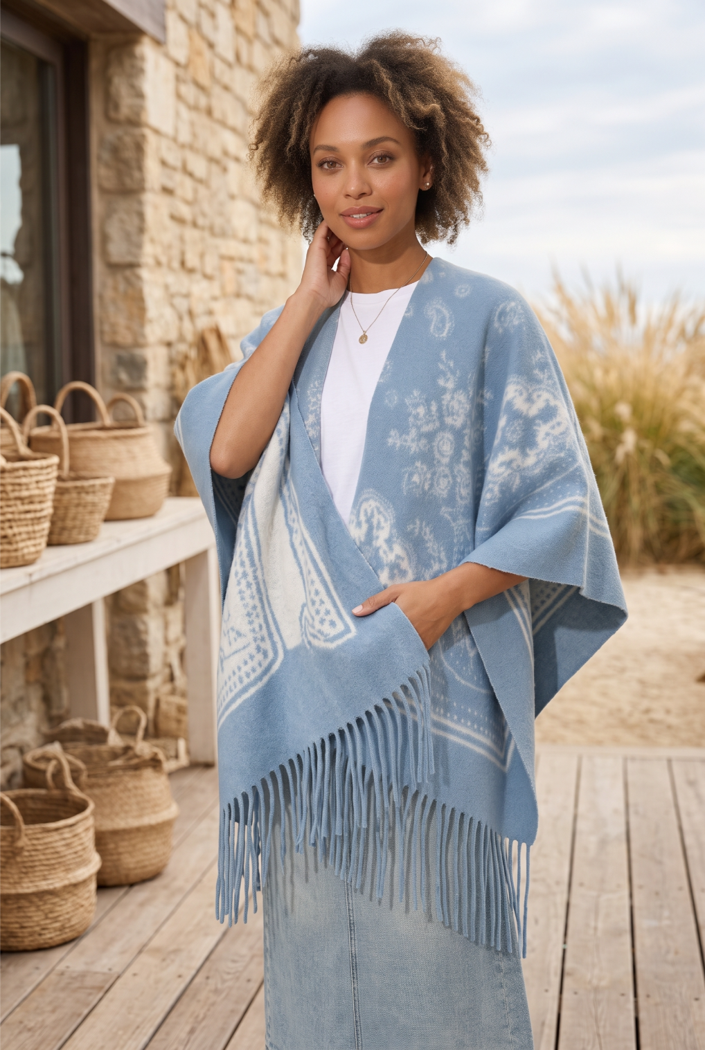 Women Paisley Floral Tassel Poncho Reversible Winter Shawl Wrap - NeoKira Unlimited