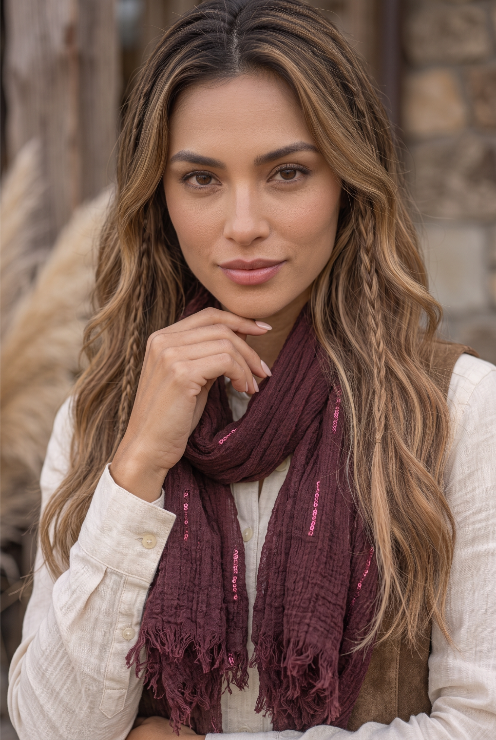 Crinkled Long Scarf for Women with Sequin Decor and Fringe Edge