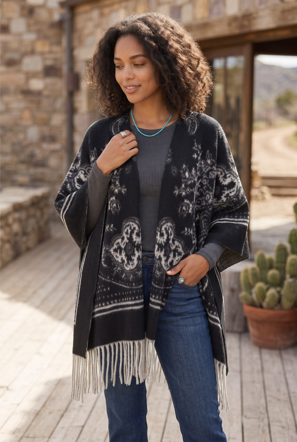 Women Paisley Floral Tassel Poncho Reversible Winter Shawl Wrap - NeoKira Unlimited