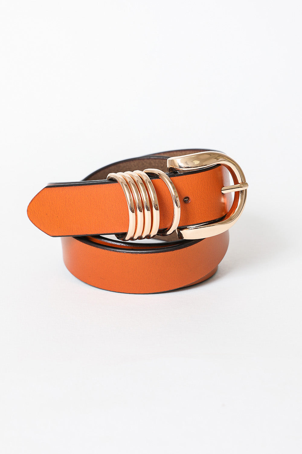 Camel Leather Belt – Gold Buckle & Accent Ring Detail - NeoKira Unlimited