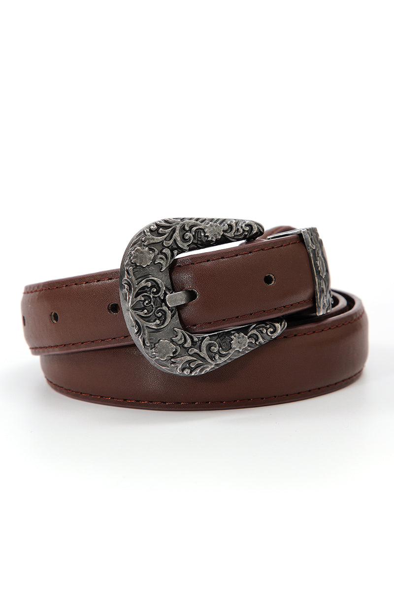Antique Floral Engraved Western Skinny Belt - NeoKira Unlimited
