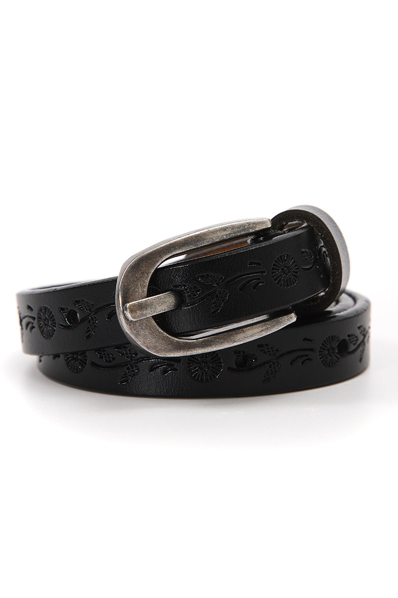 Floral Embossed Skinny Leather Belt - NeoKira Unlimited