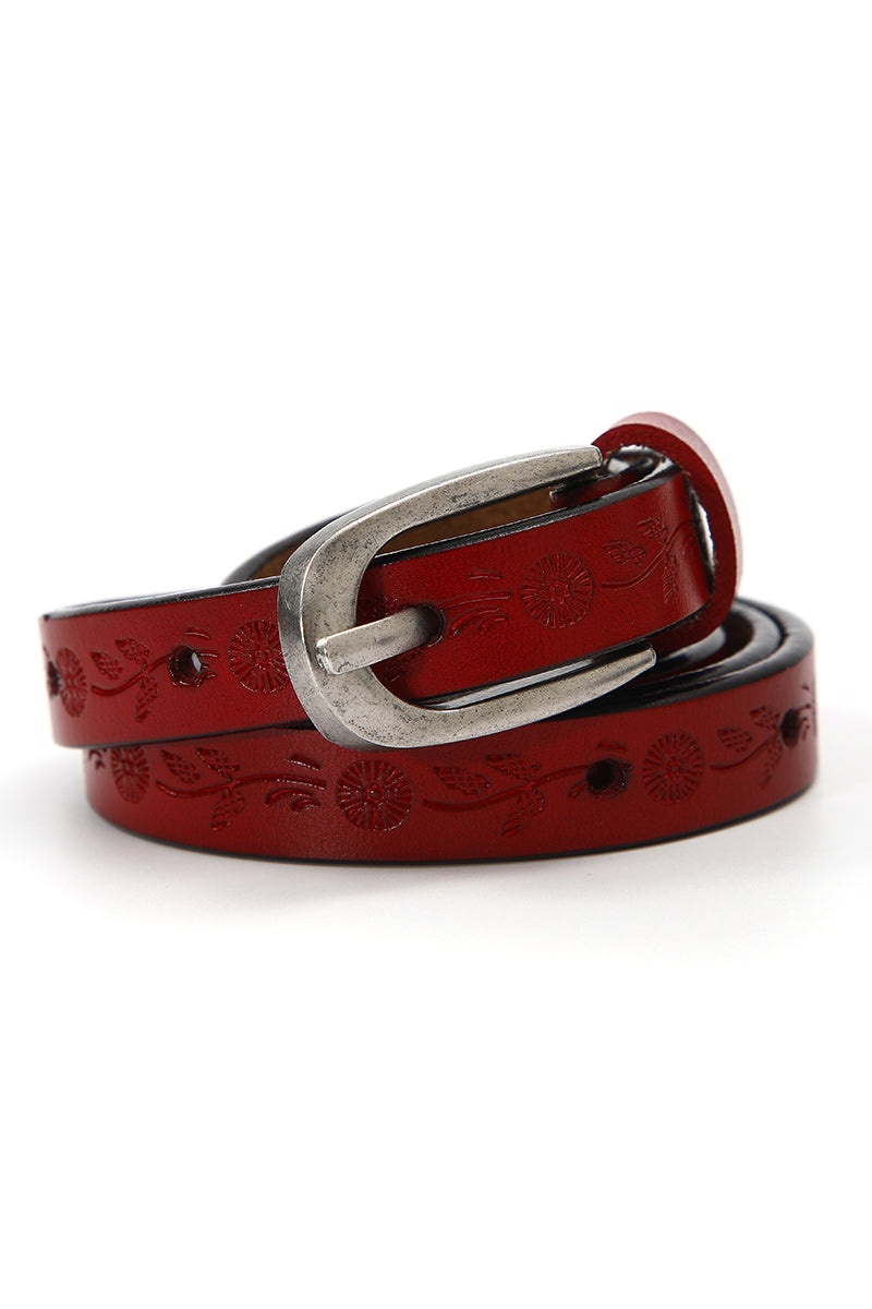 Floral Embossed Skinny Leather Belt - NeoKira Unlimited