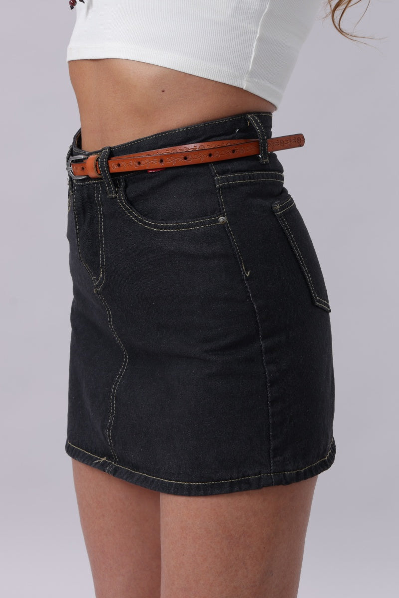 Floral Embossed Skinny Leather Belt - NeoKira Unlimited
