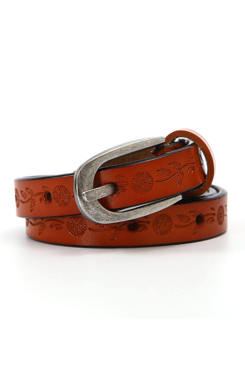 Floral Embossed Skinny Leather Belt - NeoKira Unlimited