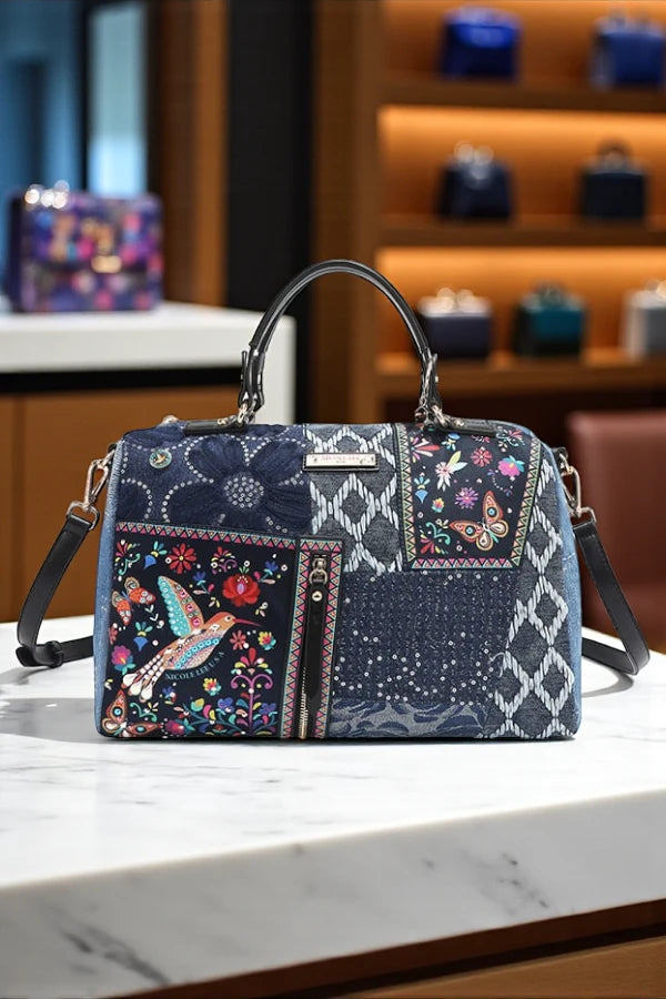 Nicole Lee USA Boho Chic Bosque De Amor Denim Boston Bag - NeoKira Unlimited