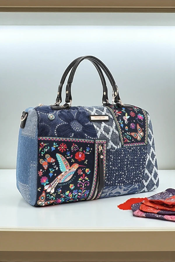 Nicole Lee USA Boho Chic Bosque De Amor Denim Boston Bag - NeoKira Unlimited