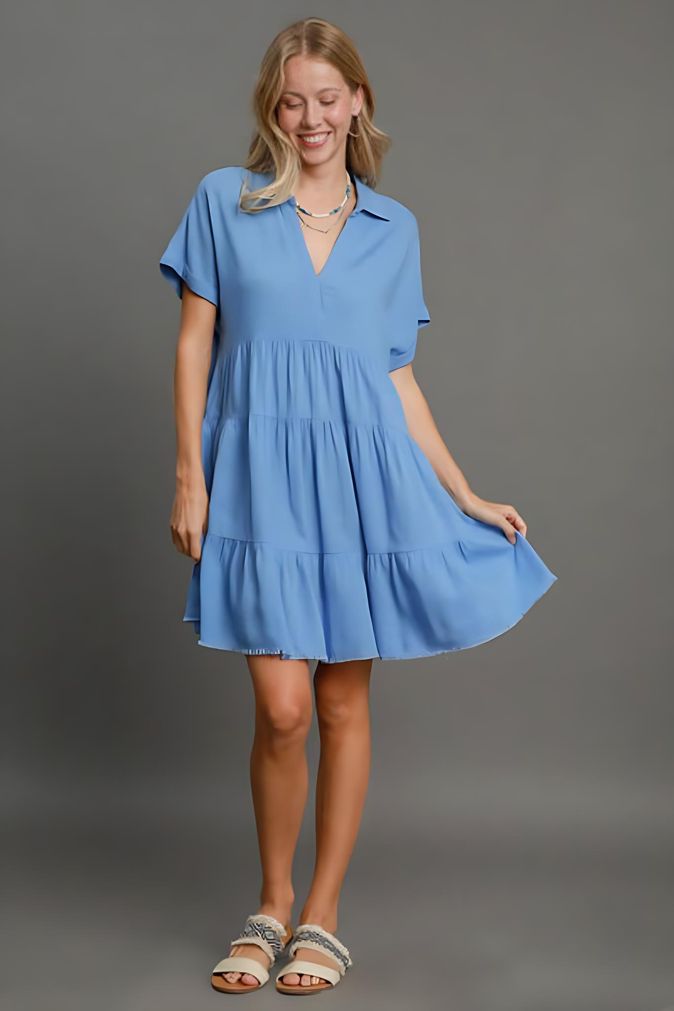 Umgee Full Size Raw Hem Folded Sleeve Tiered Dress Plus Size - NeoKira Unlimited