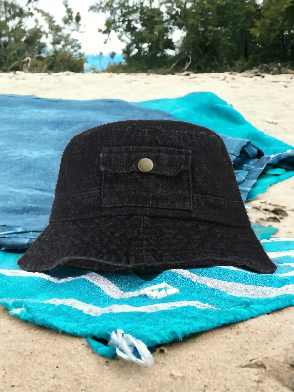 Pocket Accent Denim Bucket Hat Hats Aili's Corner Black OneSize 