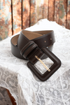 Sleek Square-Buckle Genuine Leather Belt Belts Leto Collection Dark Brown  